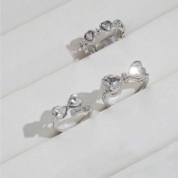 Set of 3 Simple Heart and bow Shaped Rhinestone Ring Set - Picture 3 of 6